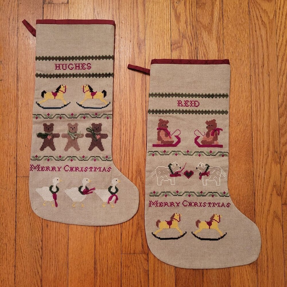 2 Personalized Cross Stitch Christmas Stockings Holiday Decor Burlap